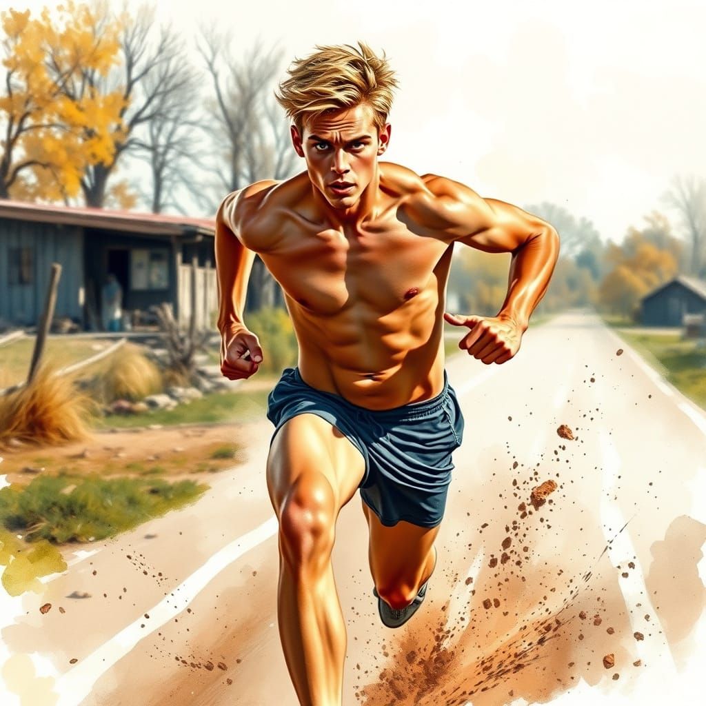 Athlete Sprinting on Autumn Track in Watercolor Style