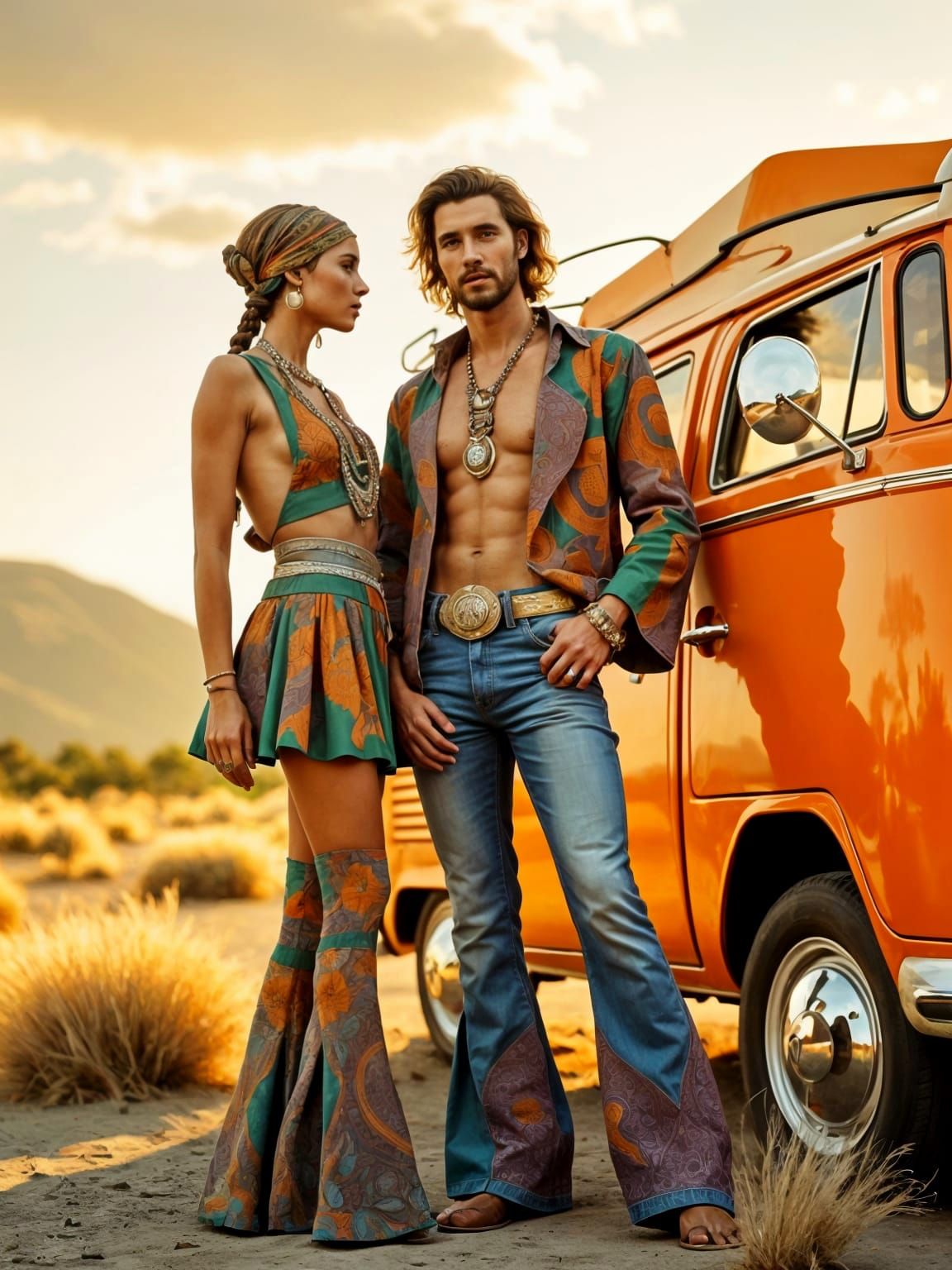 Vintage Couple Embracing 1970s Style