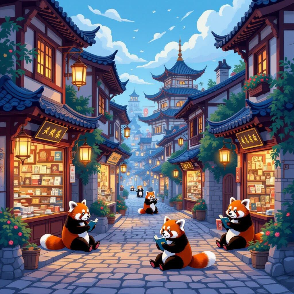 Red Pandas Enjoying Tea in a Whimsical City