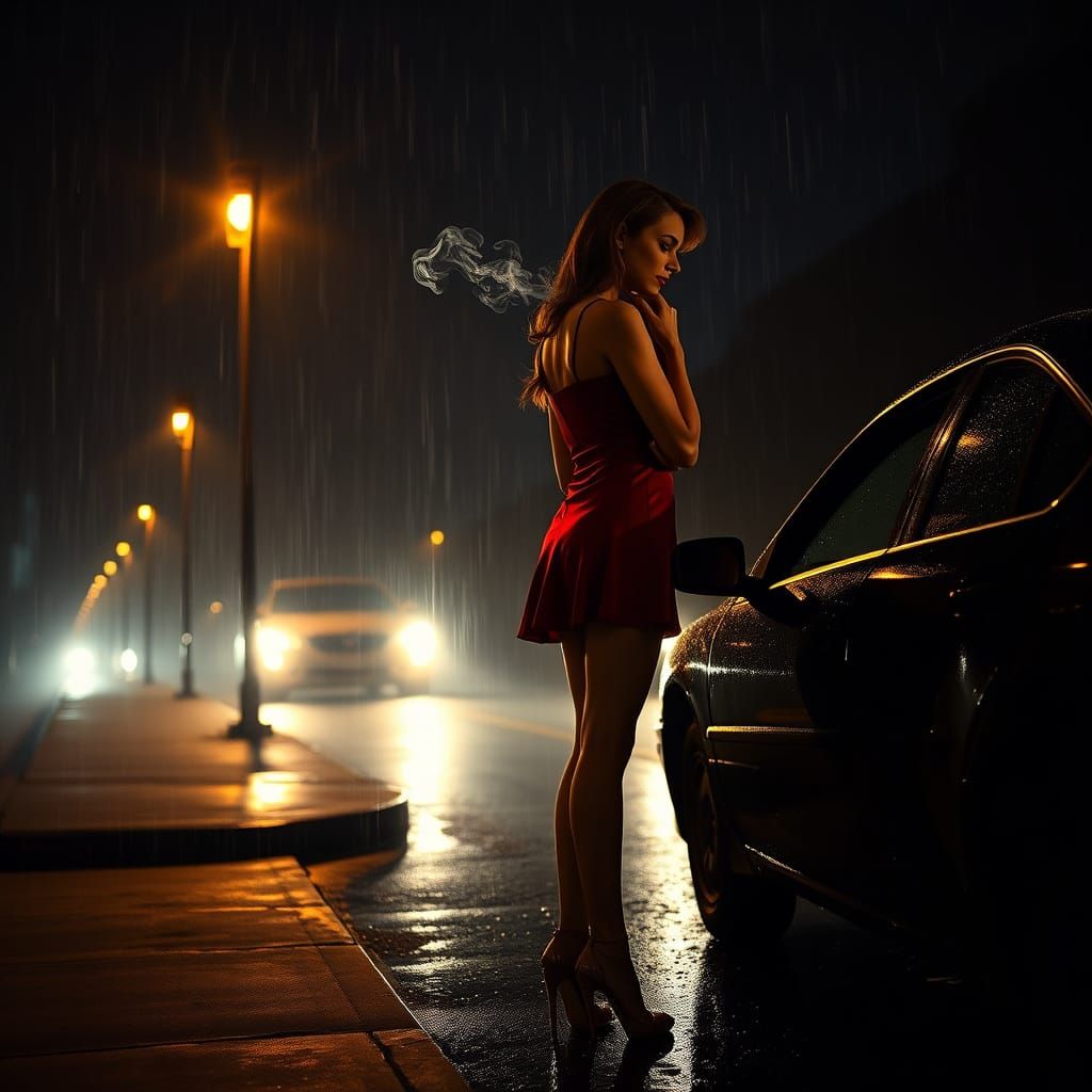 Noir Woman Under Streetlight in the Rain