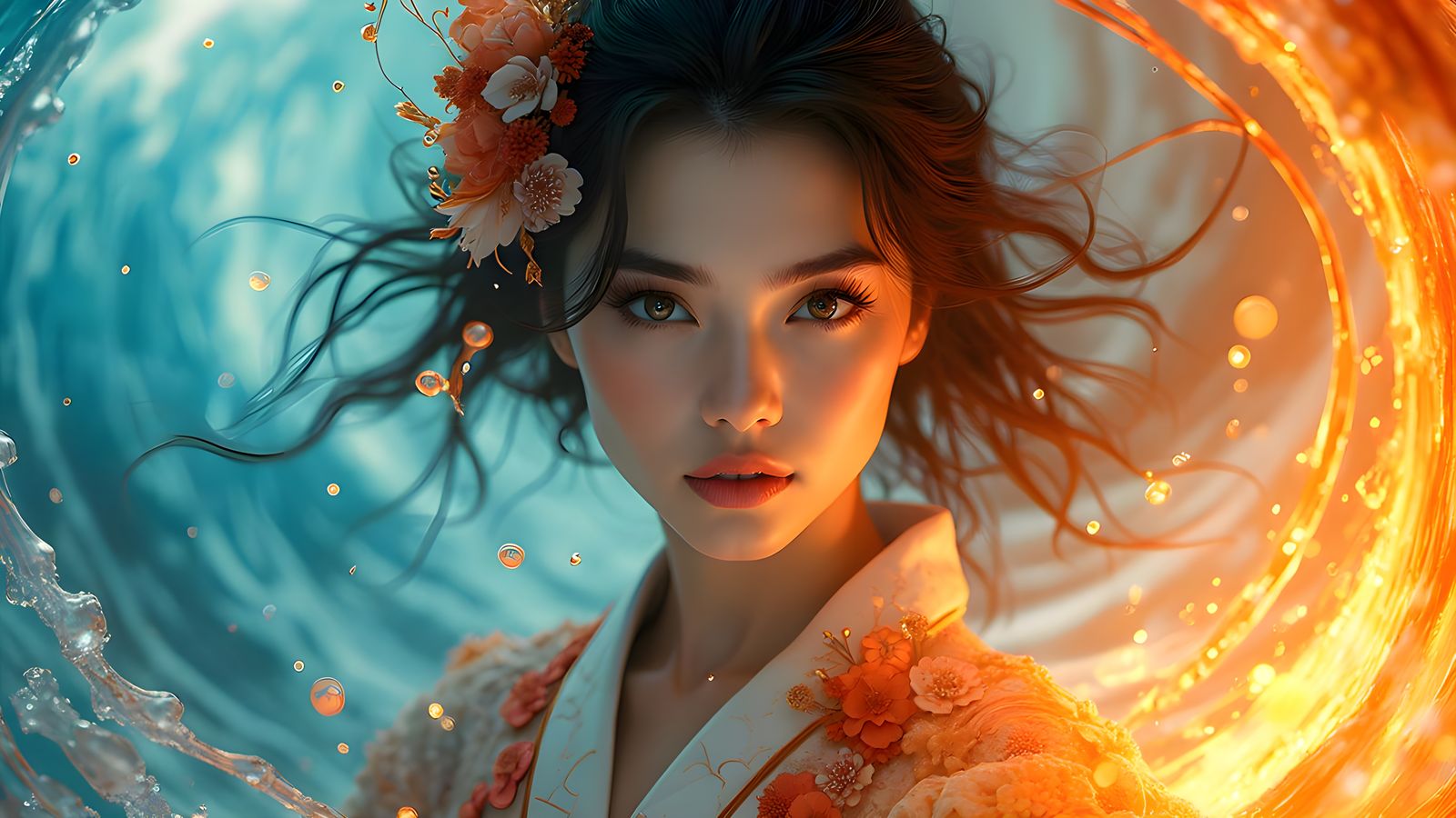 Radiant Model Portrait with Fiery Orange and Cool Blue Accen...