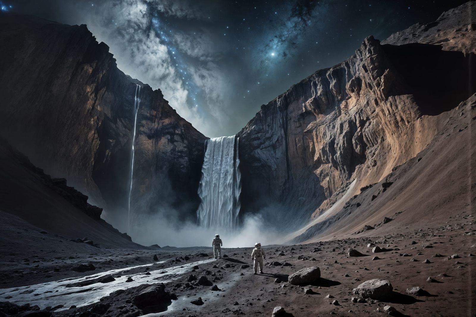Lunar Waterfall with Astronaut Explorers