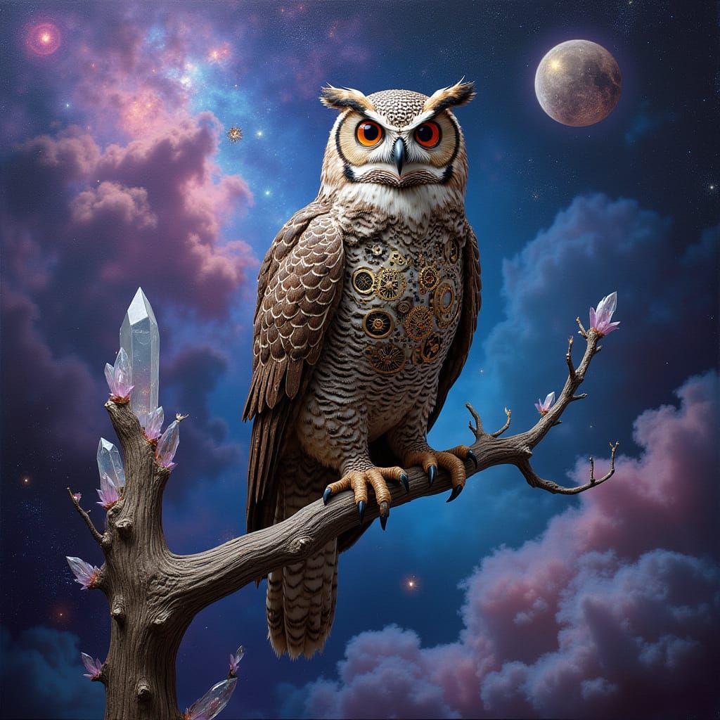 Mechanical Owl on Crystal Branch in Cosmic Nebula