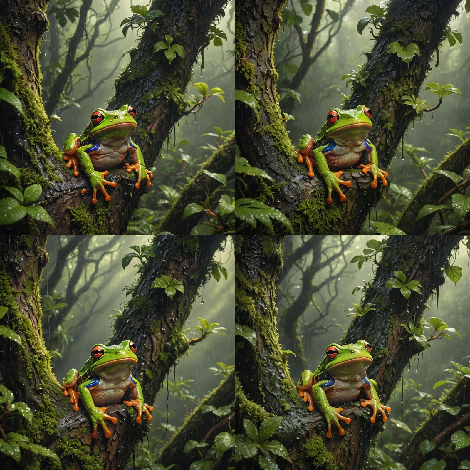 Vibrant tree frog with dew-kissed skin climbing a moss-cover...