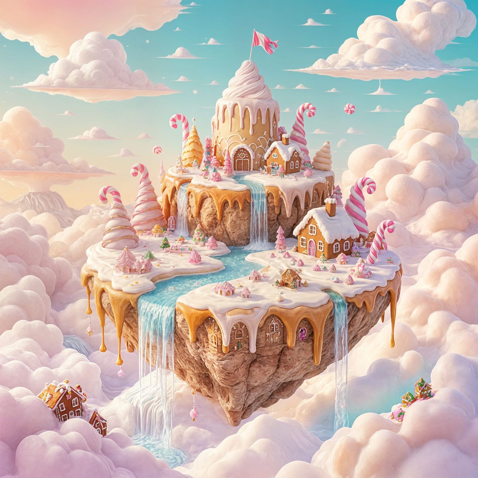 Whimsical Floating Island of Candy with Caramel Waterfalls