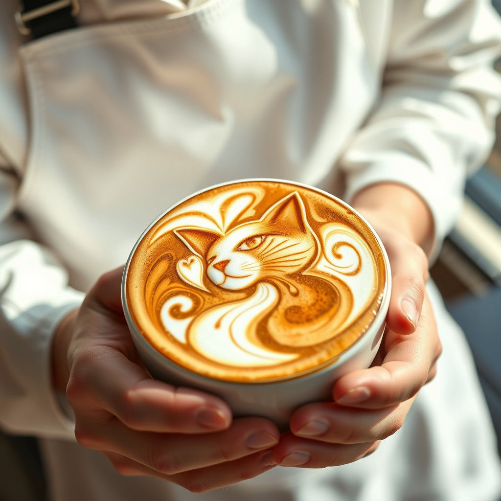 3D Cat Latte Art by Barista in Digital Painting Style