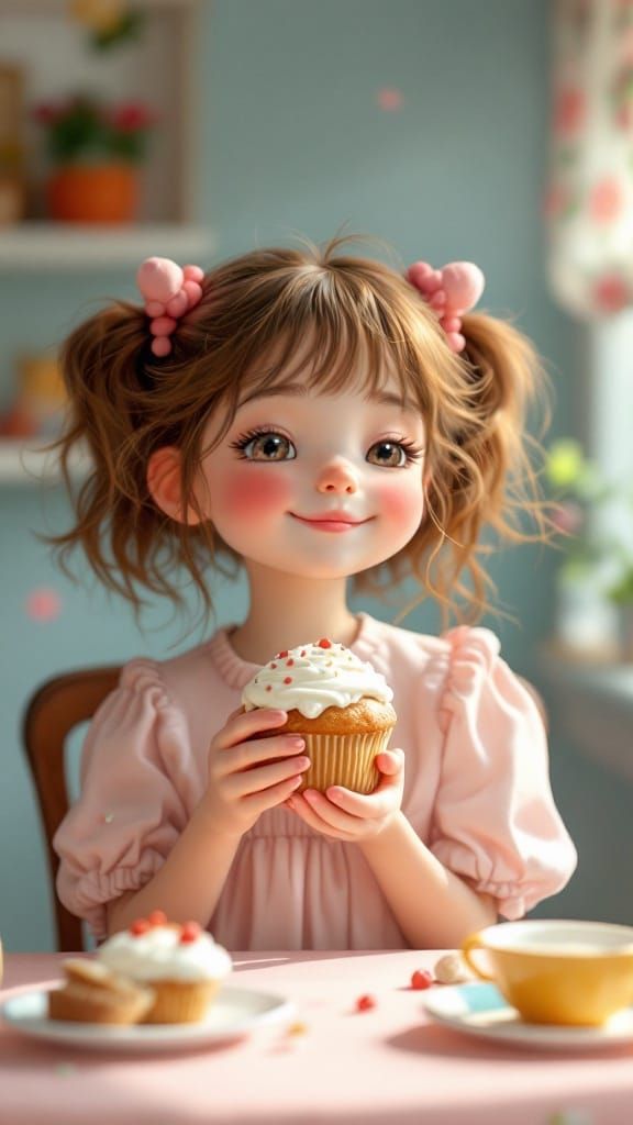 Anime Girl with Muffin and Pink Dress