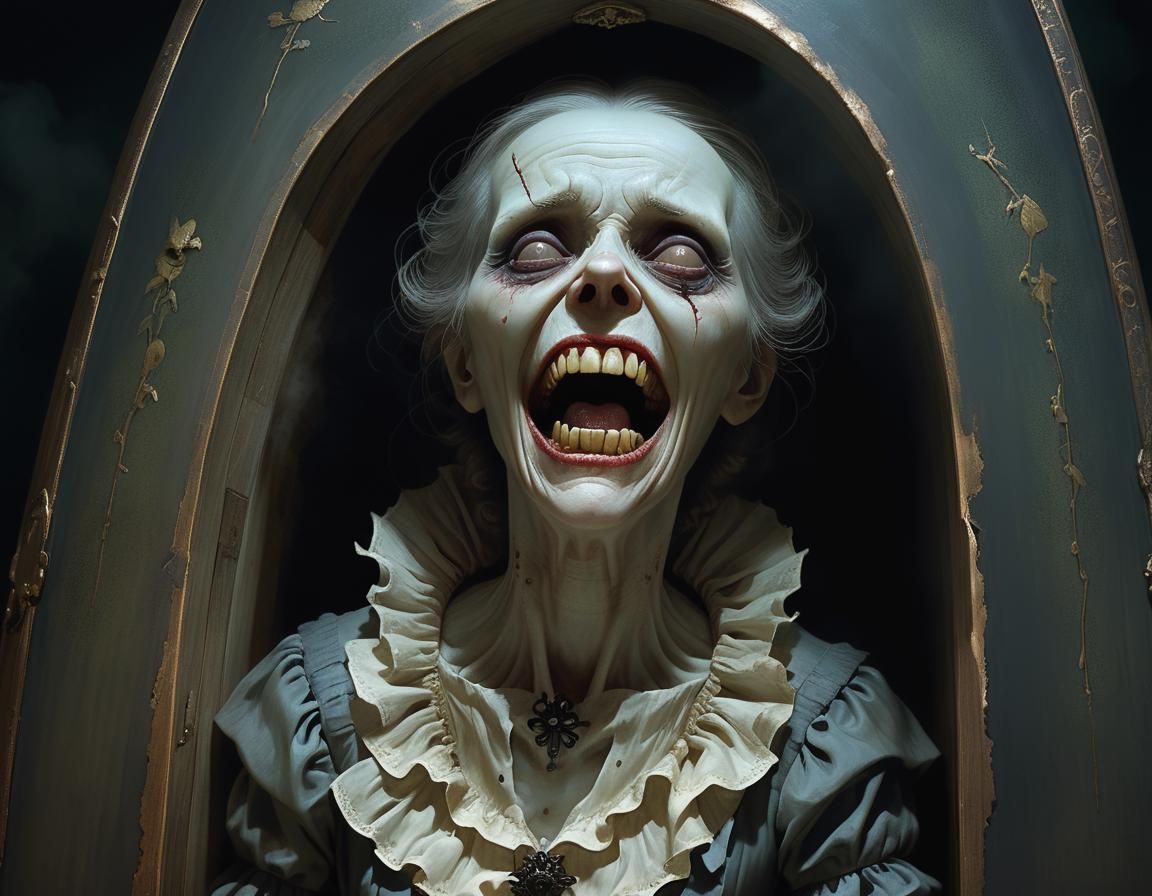 Victorian Woman Emerges from Coffin in Arcanepunk Style