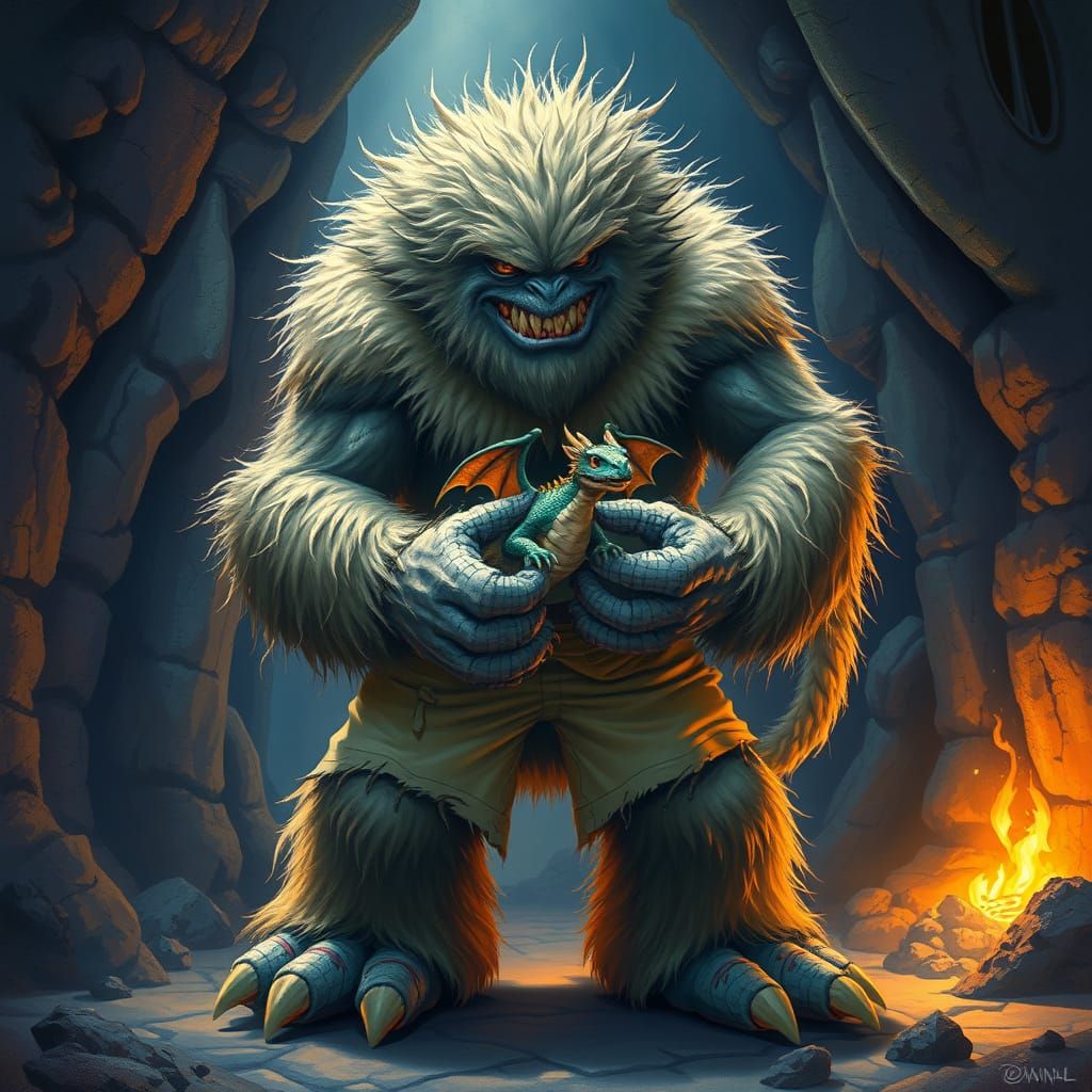 Giant Hairy Monster Holds Mini Dragon in Dungeon