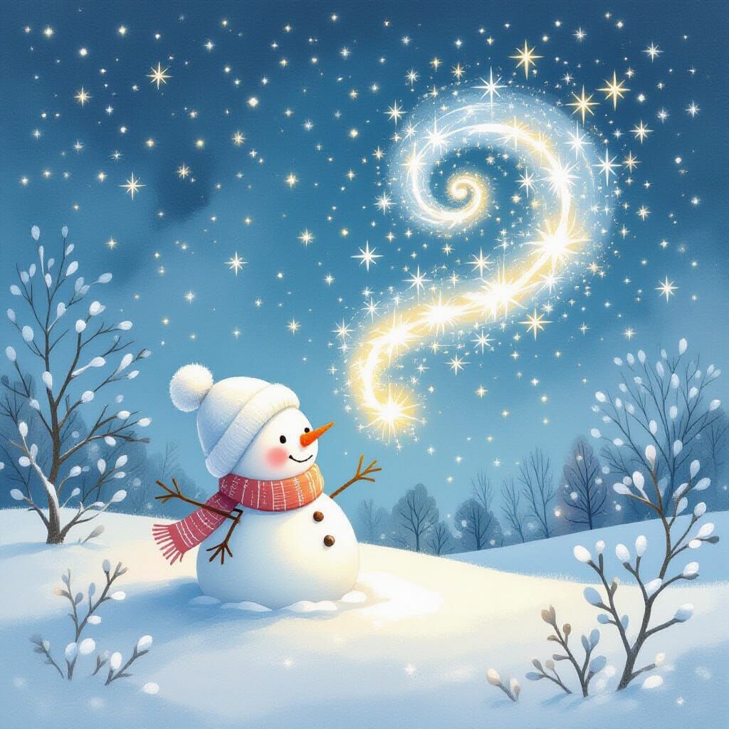 Whimsical Snowman Melts into Starry Winter Sky