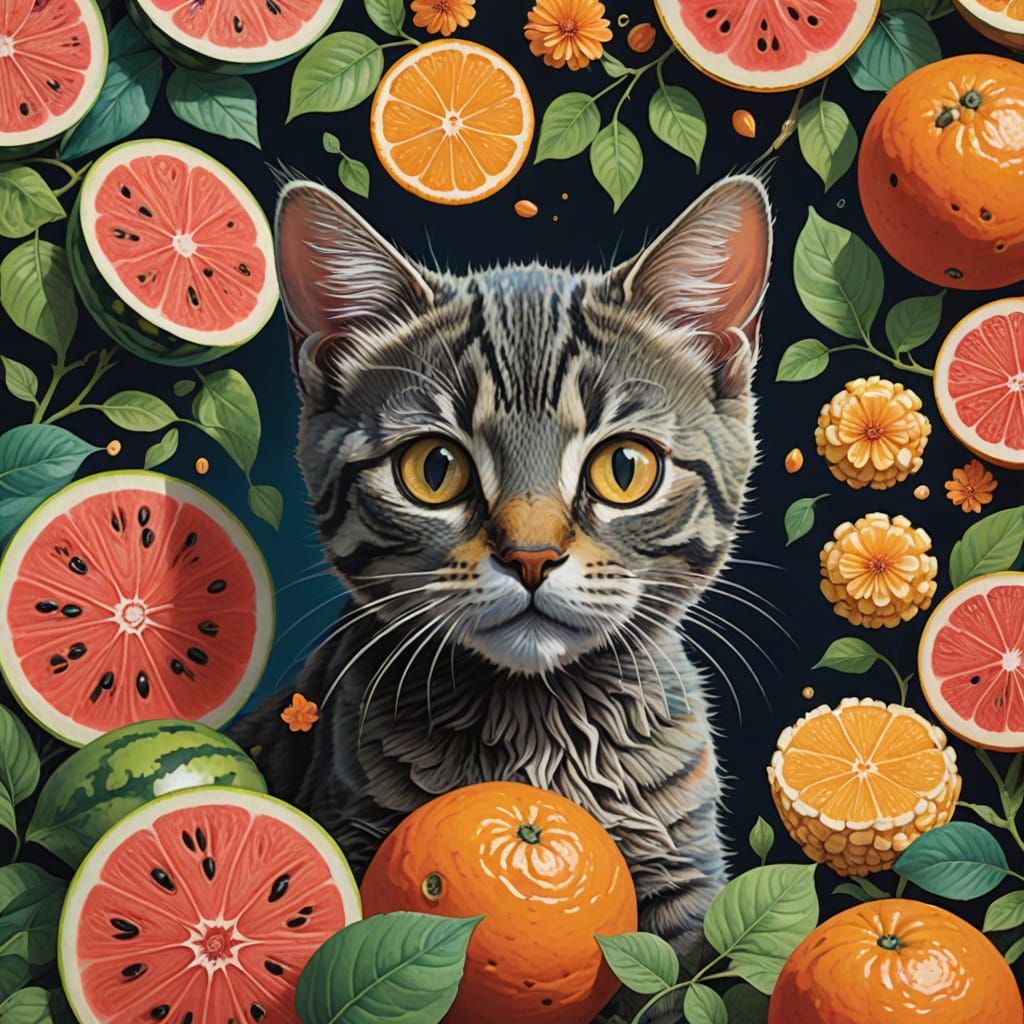 Whimsical Fusion of Watermelon and Kitten in Neo-Expressioni...