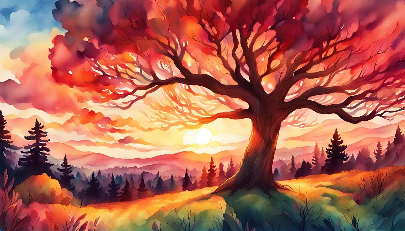 Springscape Sunset in Digital Watercolor Style