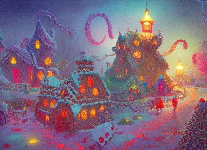 Gingerbread House in Candyland Gouache Style