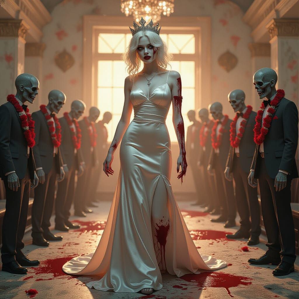 Zombie Prom Queen in Decaying Gym, Art Deco Style