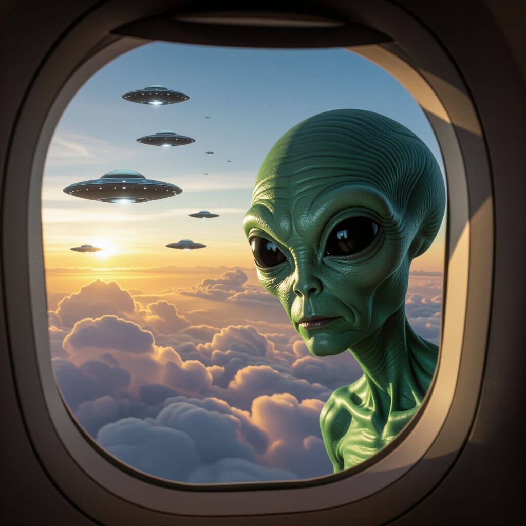 Humorous Alien Peeks Through Airplane Window at Sunset