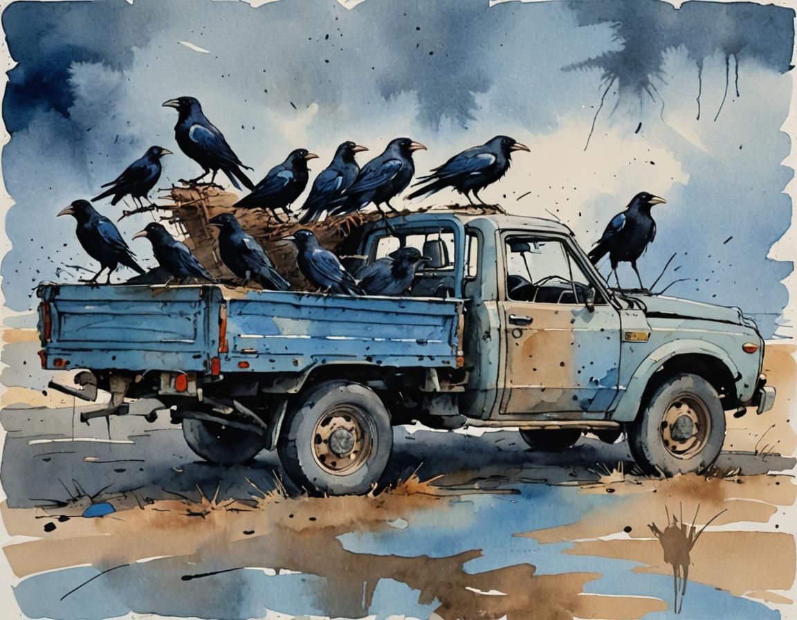 Crows on a Broken Ute: Watercolour in Quentin Blake Style