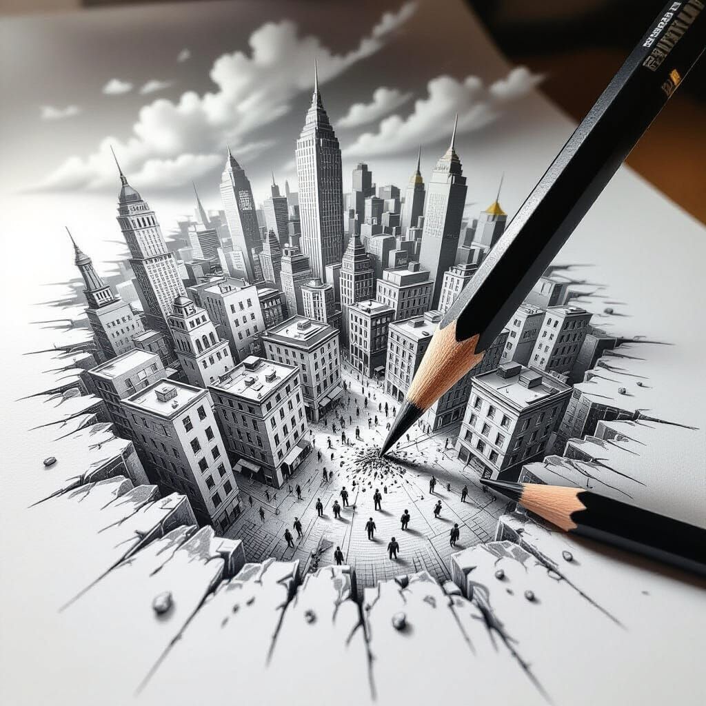 Surreal Graphite Drawing of a Town in Escher Style