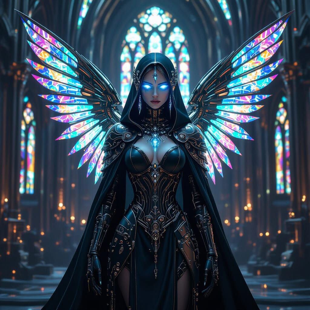 Cybernetic Priestess in Steel Cathedral: Art Nouveau Style