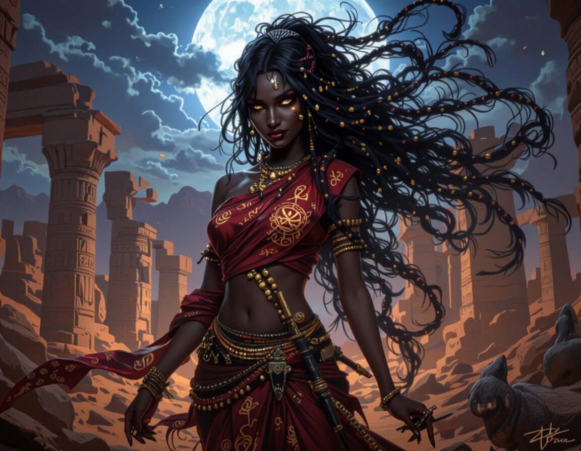 Stygian Courtesan in Egyptian Ruins, Dark Fantasy Art