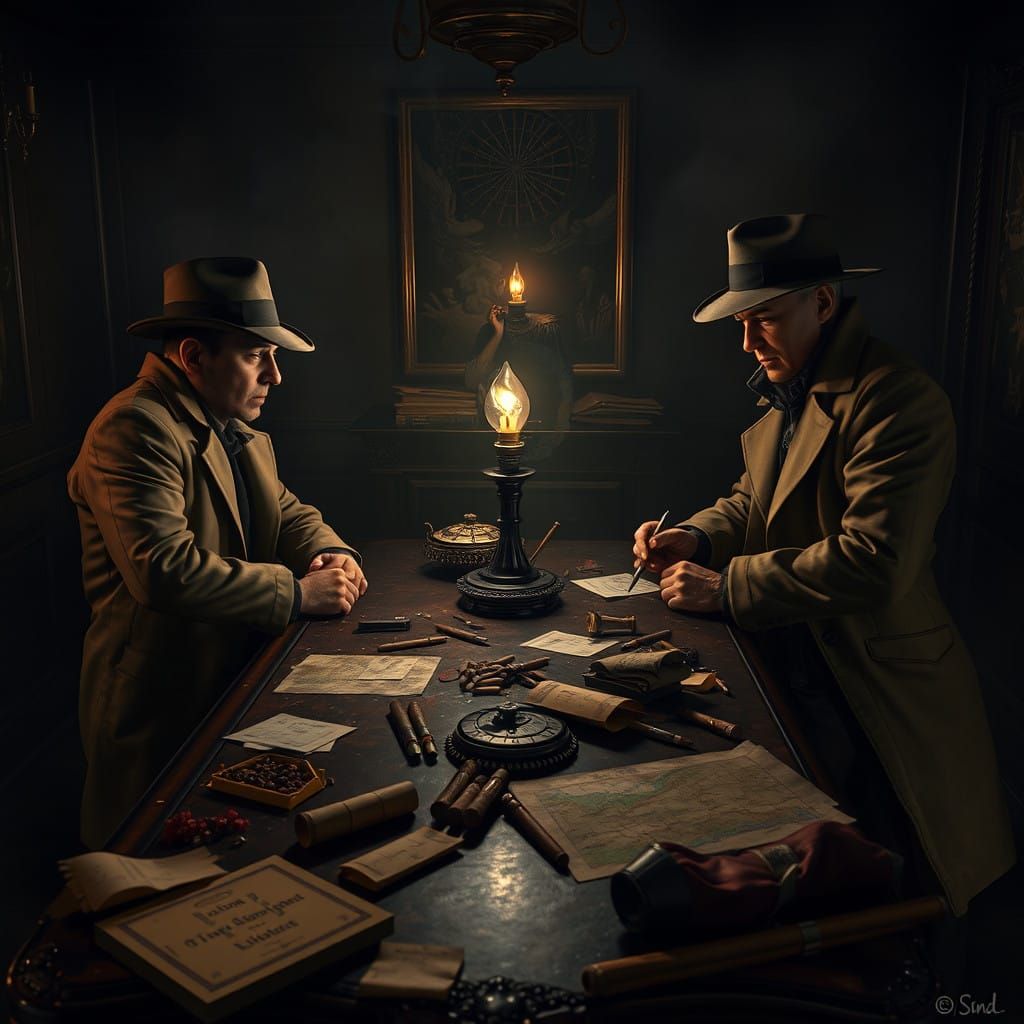 Detectives in a Gritty Film Noir Investigation Scene