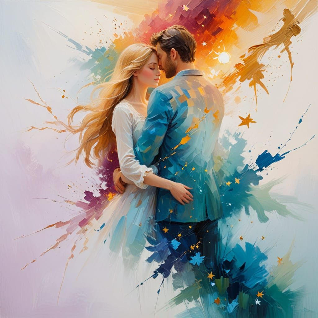 Romantic Oil Painting of Couple Under Starry Night Sky