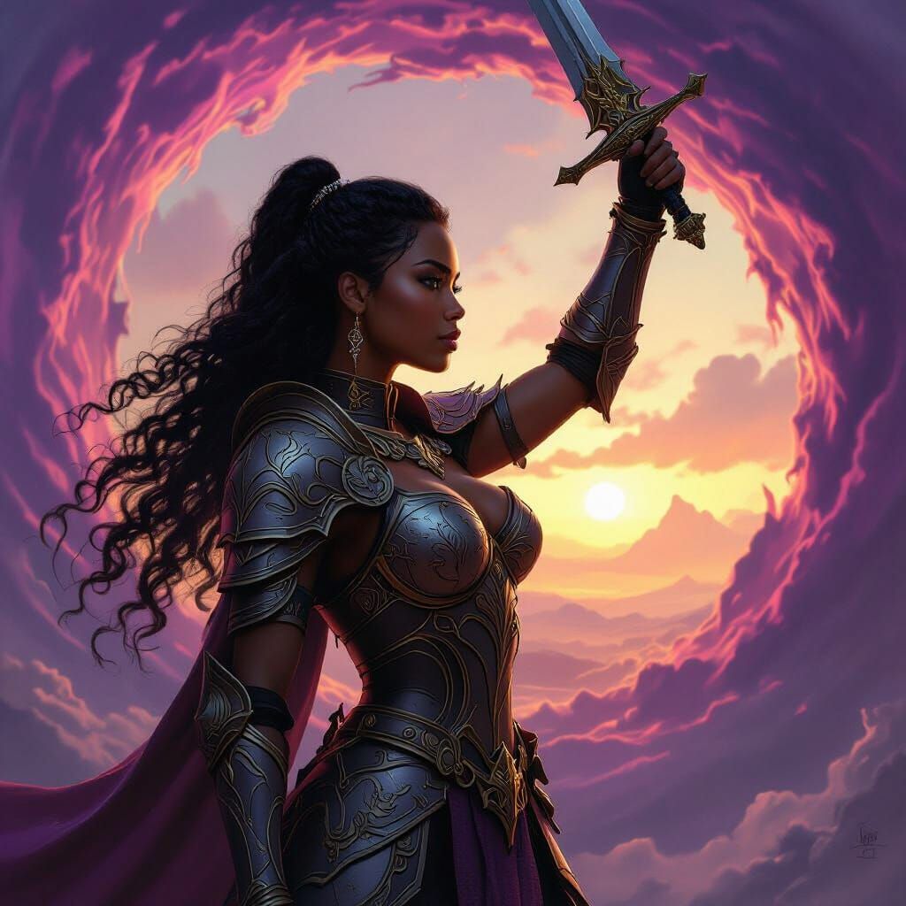 Empowered Warrior Woman Gazes Towards Future Amidst Chaos