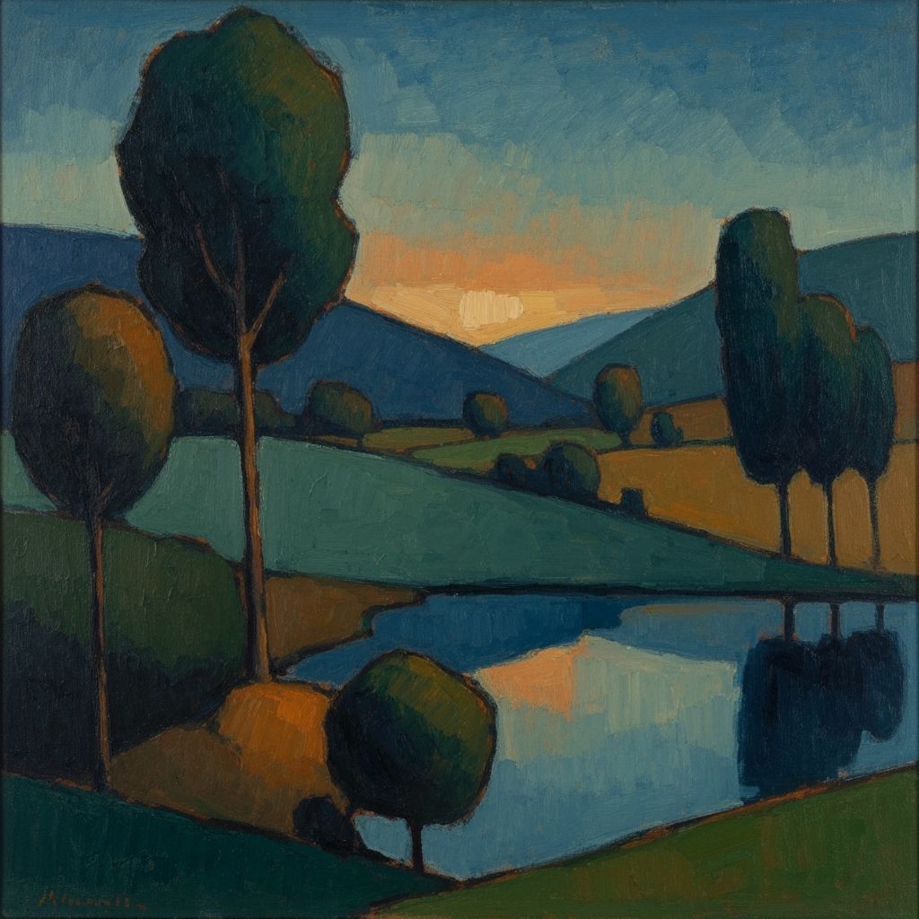 Münter Style Landscape Painting with Stylized Trees