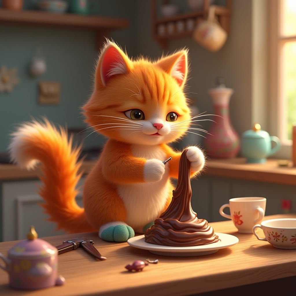 Ginger Cat Creates Melting Chocolate Sculpture, Pixar Style