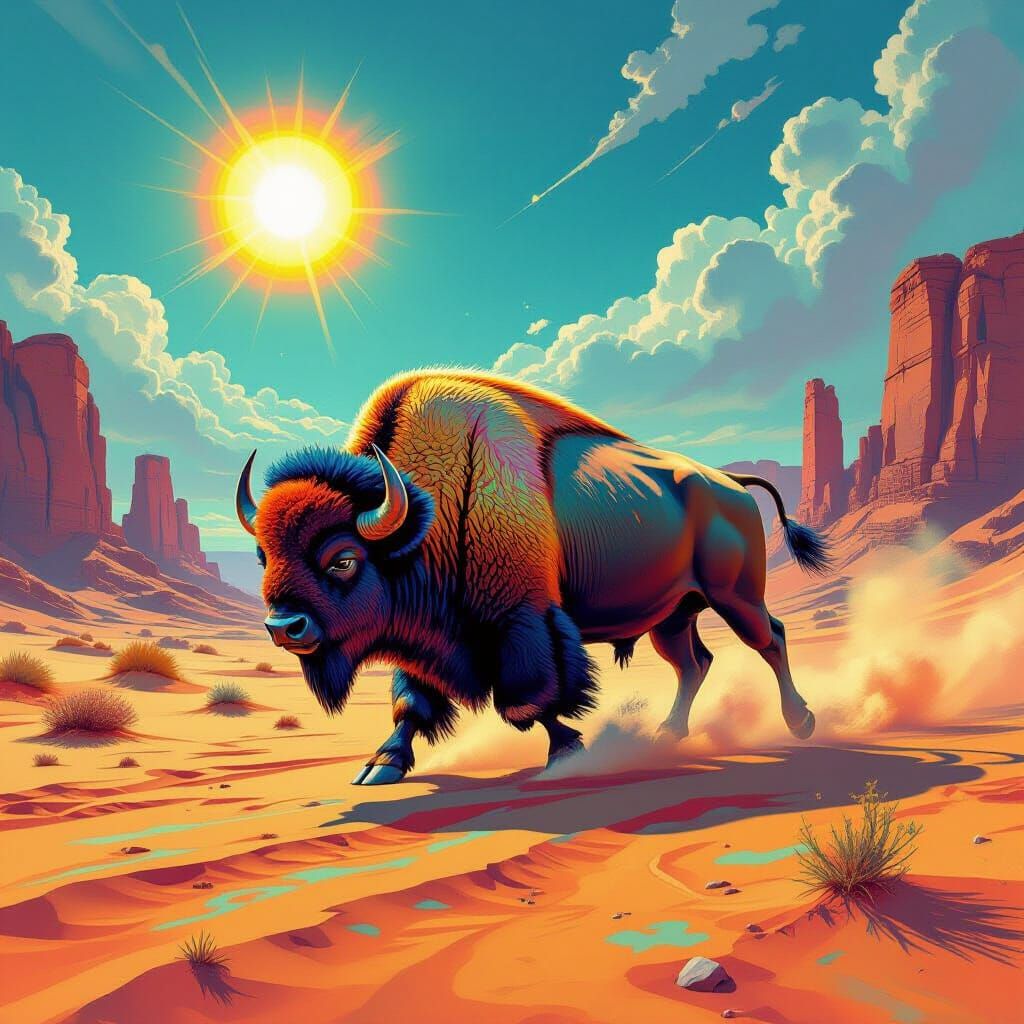 Crystal Bison Galloping Across Psychedelic Alien Desert