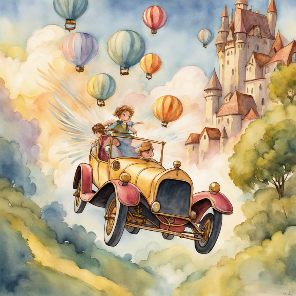 Whimsical Flying Car soars in a Watercolor Wonderland