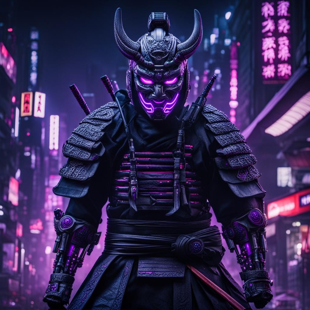 Cyberpunk Shinobi with Oni Mask and Purple LEDs