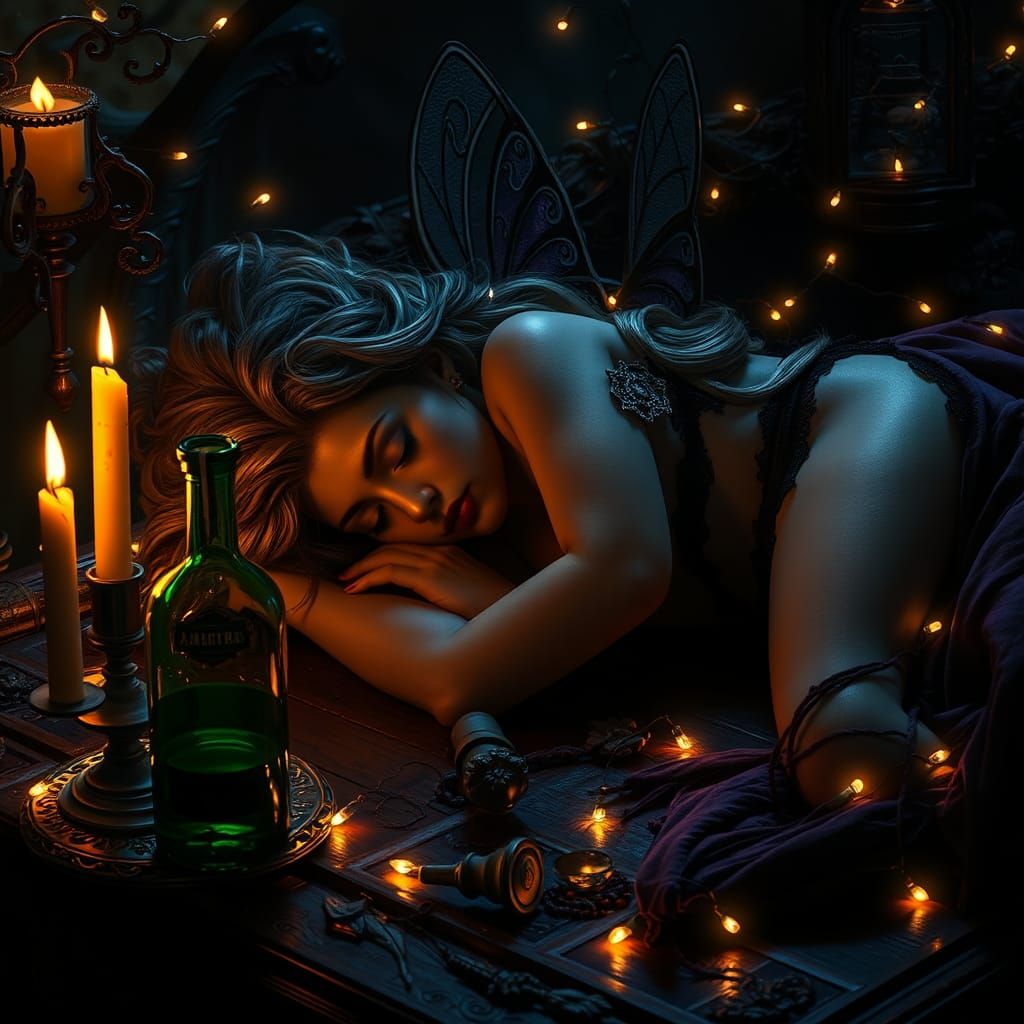 A Beautiful voluptuous tinkabel fairy, fallen asleep at a ta...
