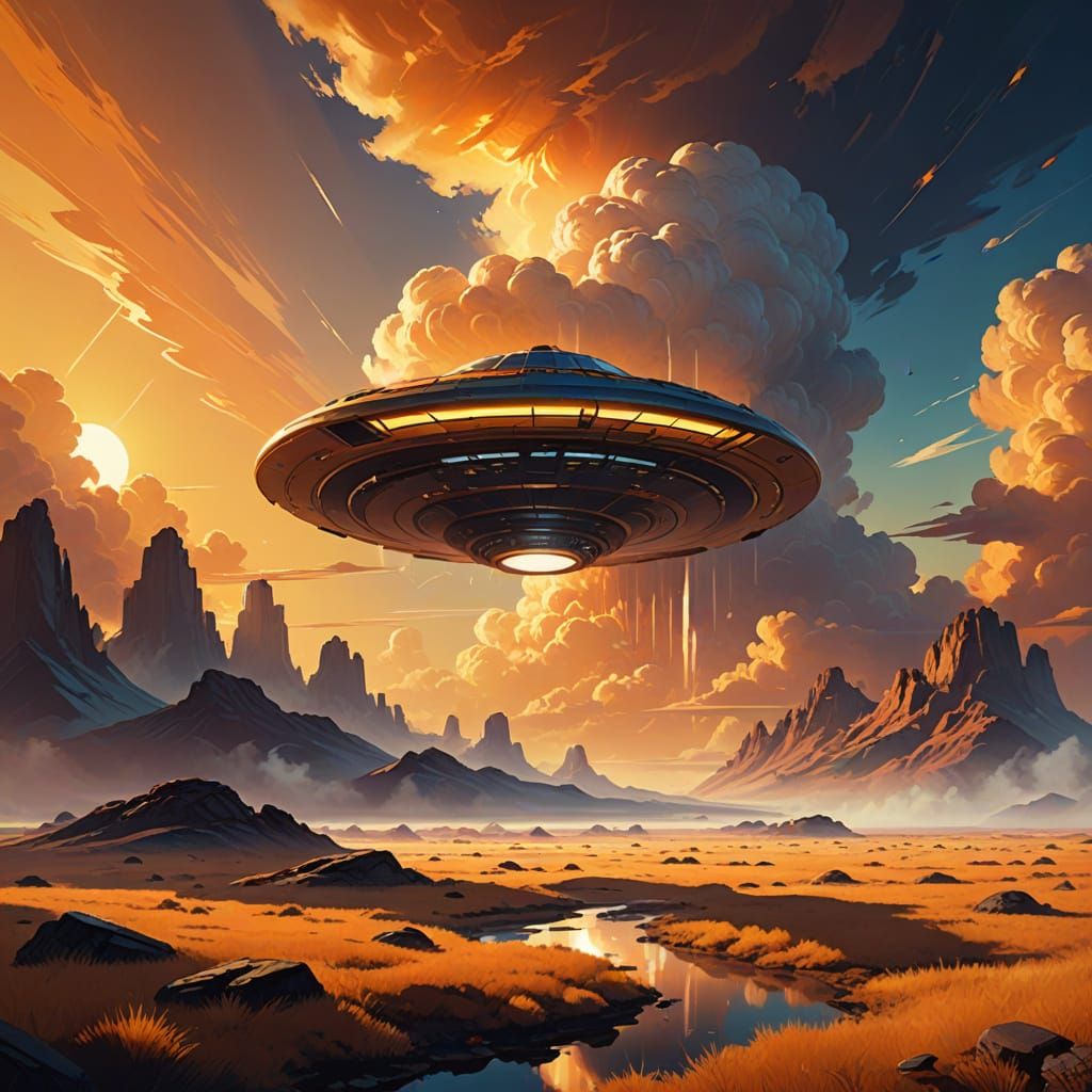 Futuristic UFO in Warm Golden Light Amidst Swirling Clouds