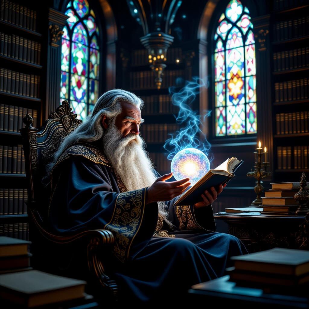 Contemplative Wizard in Grand Library, Cinematic Lighting