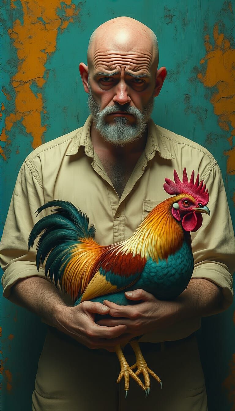 Sad Man Holding Dead Rooster in Hyperrealism