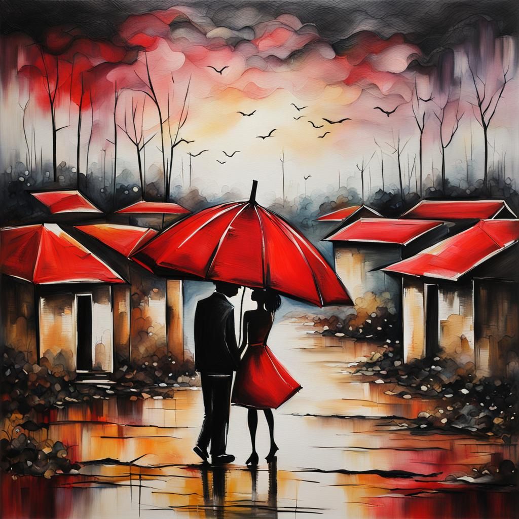 Kissing Couple Under Umbrella: Oil Painting in African Villa...