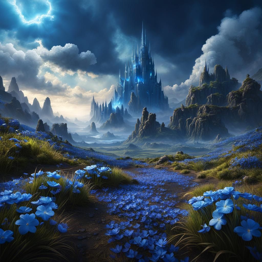 Fantasy Landscape with Blue Flowers and Silver Clouds