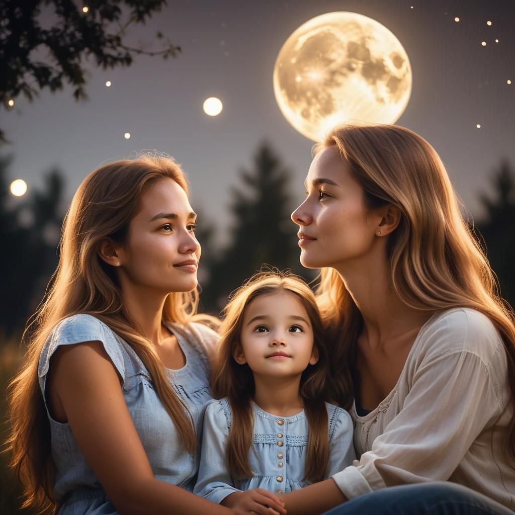 Mother and Daughter Moonlit Serenity: Realistic Photography