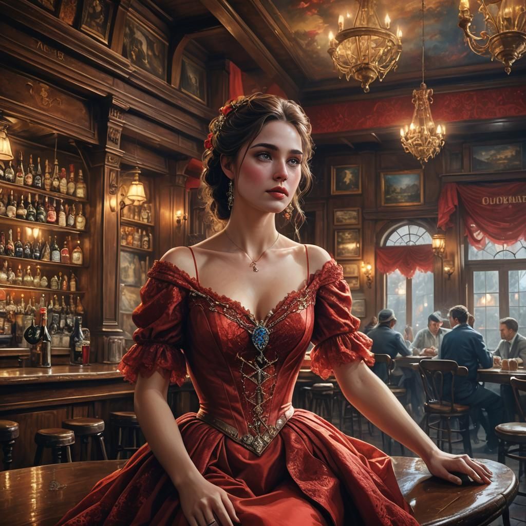 Dreaming Woman in Parisian Pub: An Ethereal Oil Painting