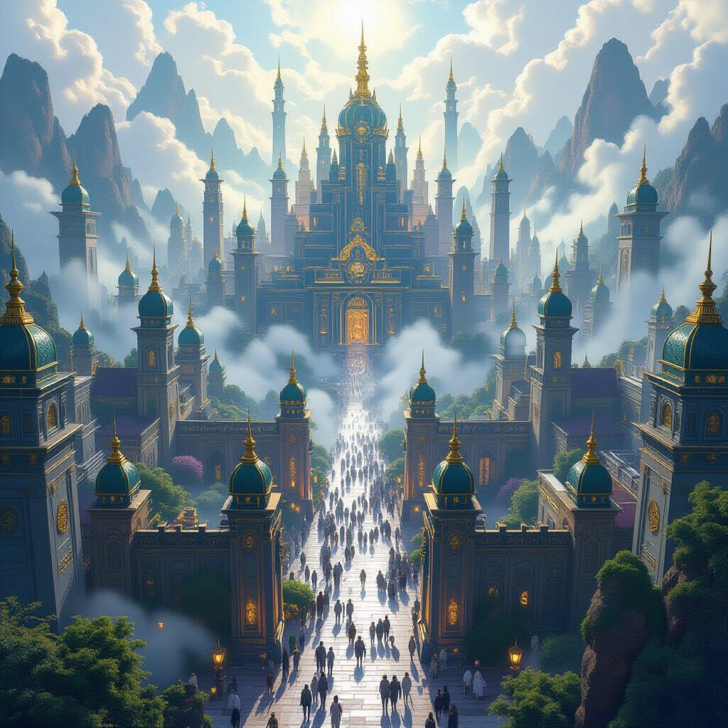 Fantasy City in Mist: Art Deco Digital Painting