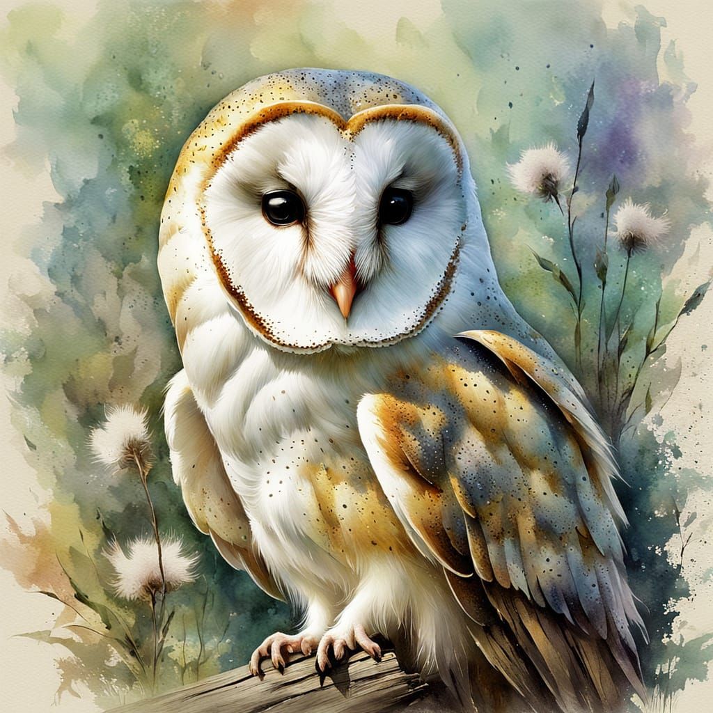 Barn Owl and Mouse in Soft Impressionist Spring Landscape