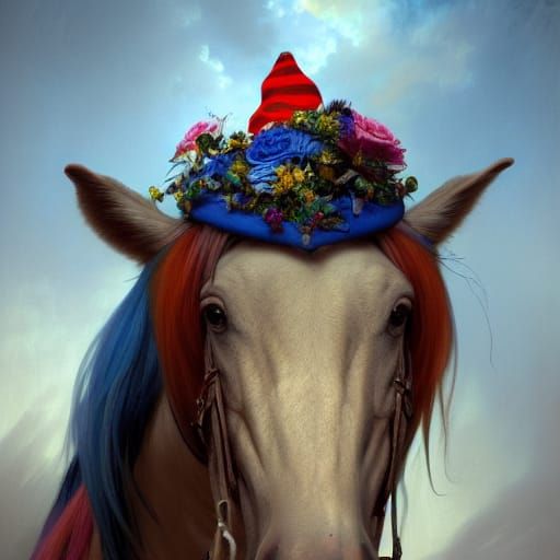 Horse in Beanie at Flower Circus: Digital Art