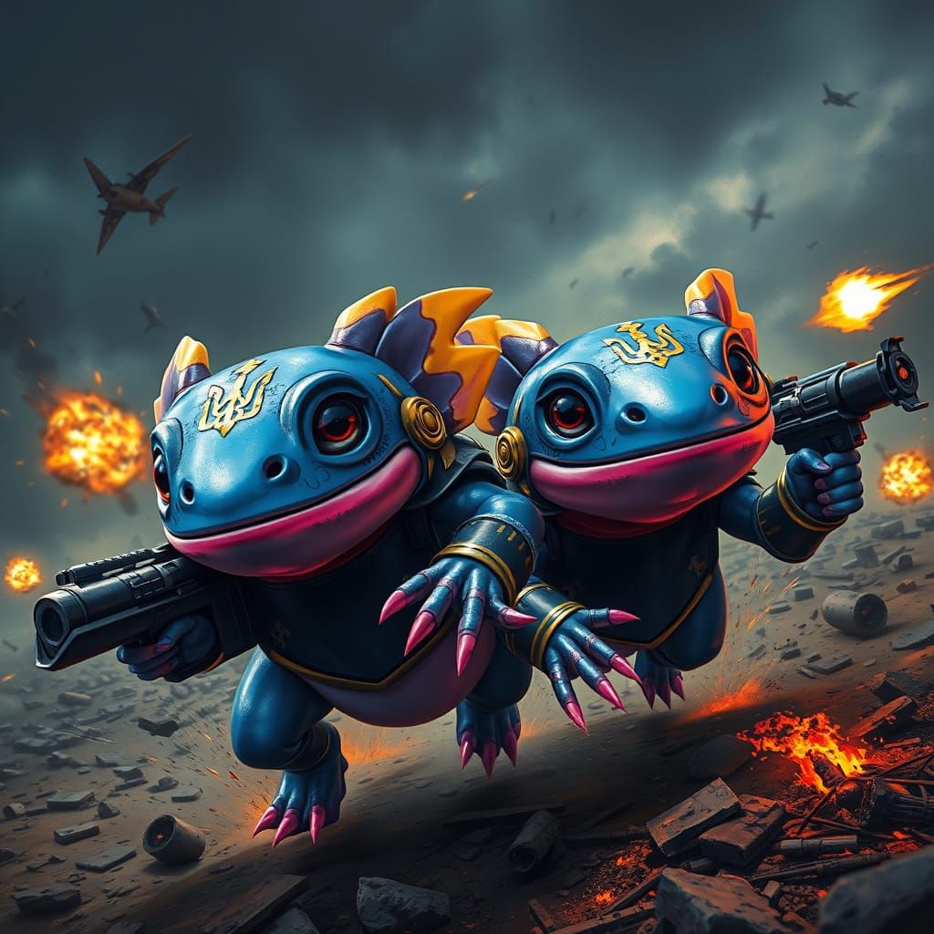 Axolotls in Cyberpunk Armor Flee War-Torn Battlefield