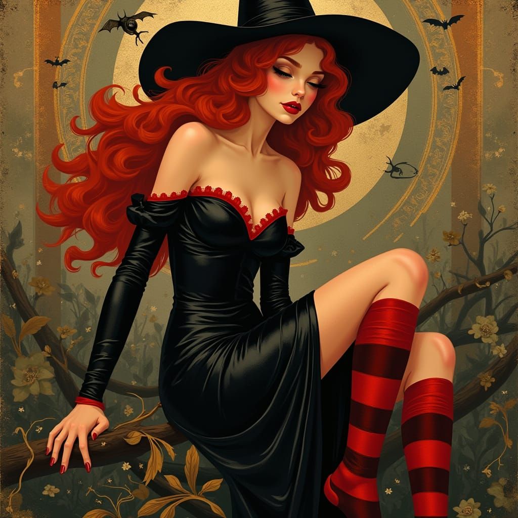 Red Haired Witch in Whimsical Art Deco Style
