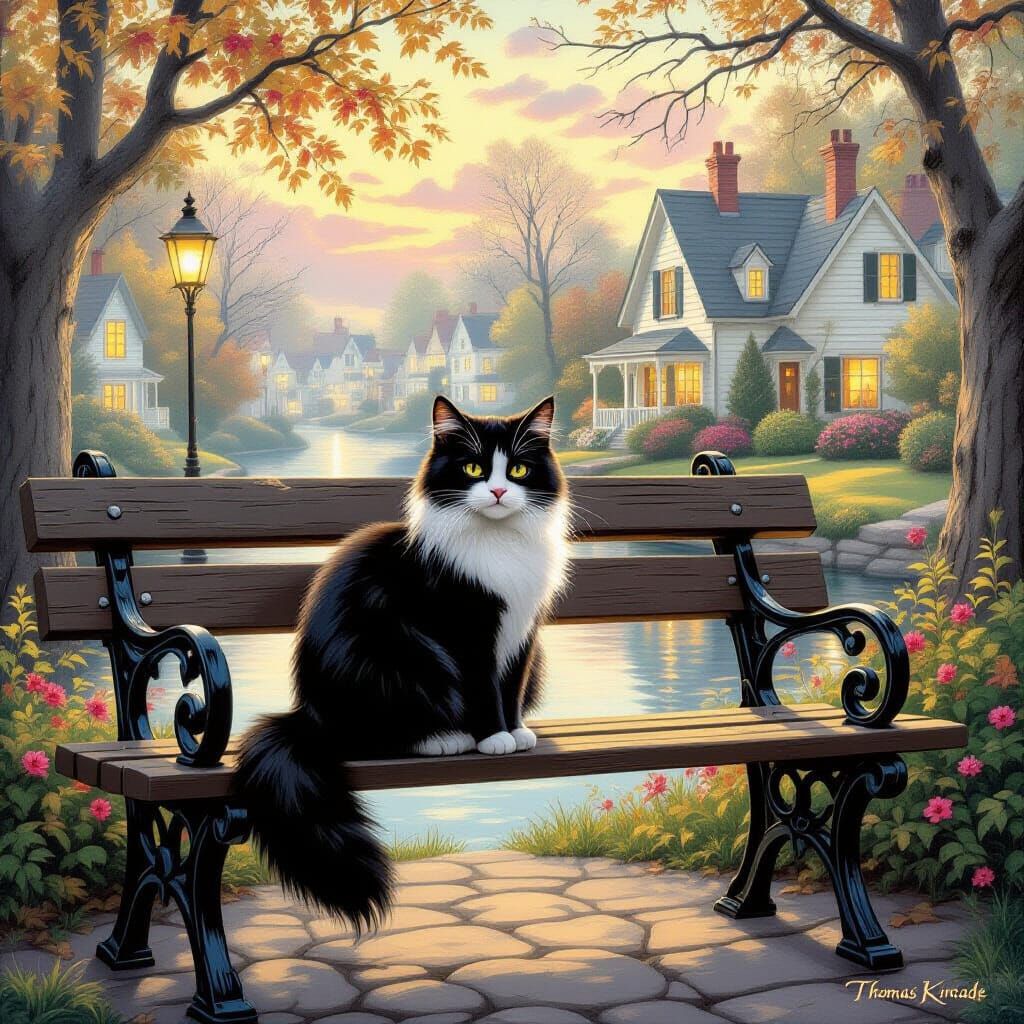 Black and White Cat on Park Bench, Thomas Kinkade Style