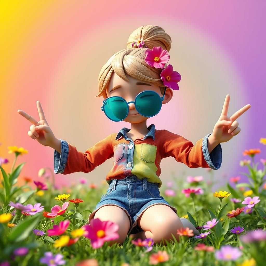 Whimsical Hippie Girl in Nature: 3D Cartoon Art
