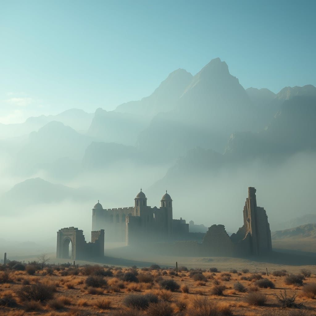 Gothic Ruins in Desert Mountains Shrouded in Mist