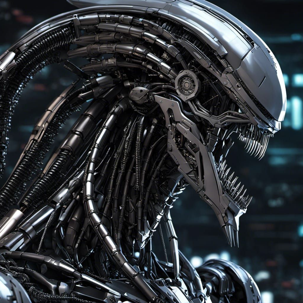 Cybernetic Xenomorph Queen Robot in Anime Style