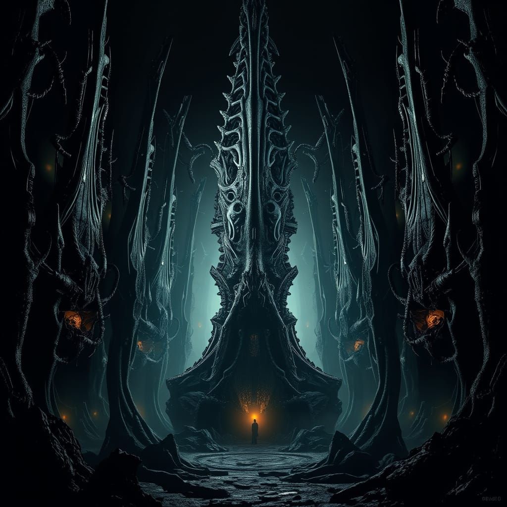 Shadow-Drenched Biomechanical Landscape in Surreal Style