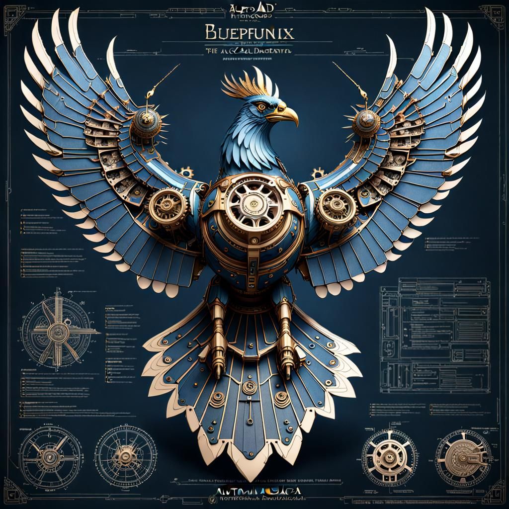 Steampunk Phoenix Automaton: Hyperdetailed Blueprint Diagram...